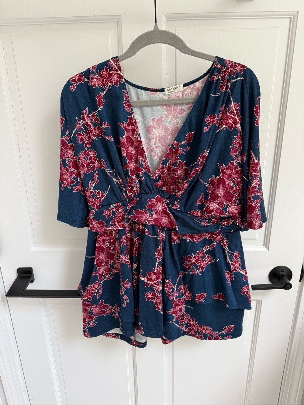 Kiyonna Navy Blouse with Pink Floral Print